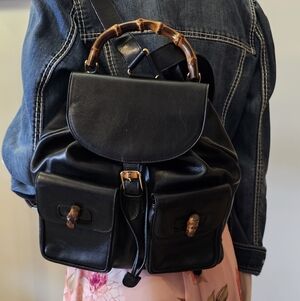 Gucci Black Leather Backpack with Bamboo Accents